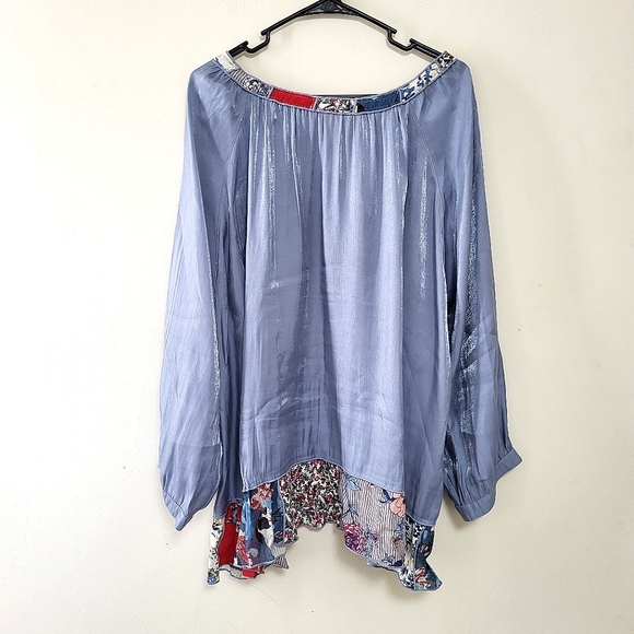 John Mark Women’s Blue Haze Satin French Blue Patchwork Peasant Top 3X boho - Picture 2 of 10